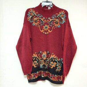 Vintage 90s LUCIA Burgundy Autumn Leaves Floral Oversized Sweater L‎ Grannycore